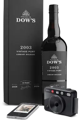 Leica SOFORT 2 camera and a bottle of Dow's 2003 Vintage Port